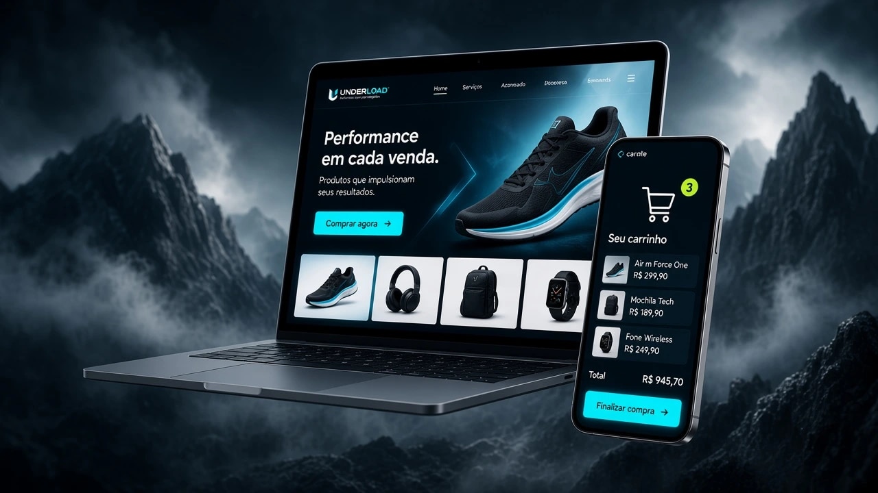 Loja virtual Underload no notebook e no celular, com catálogo e checkout